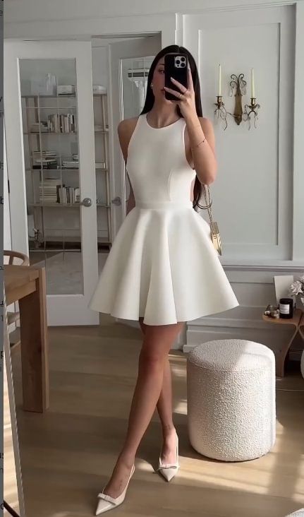 Risias Short White Evening Dress, White Short Prom Dress, Prom Dress Halter Neck, Dope Fashion Outfits, Prom Dress Halter, A Line Ball Gown, Prom Dress Sleeveless, Guest Ideas, Dress Halter Neck