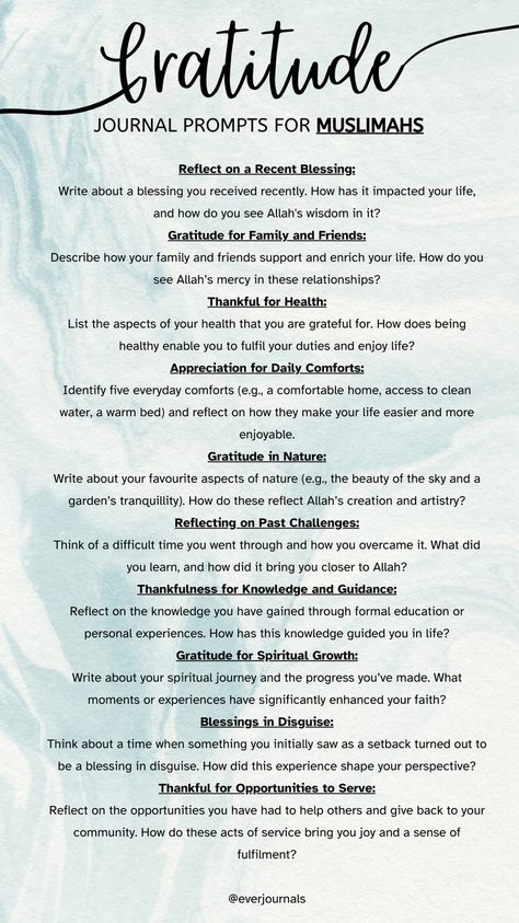 Enhance your spiritual journey with these 10 Islamic gratitude journal prompts! Reflect on Allah's blessings and cultivate a thankful heart. Perfect for daily journaling and finding peace through gratitude.

#IslamicGratitude #JournalPrompts #SpiritualGrowth #Faith #MuslimMindfulness #GratitudeJournal #IslamicInspiration #DailyReflection #InnerPeace #Thankfulness Gratitude Journaling Prompts, Islamic Journal Prompts, Islamic Journaling, Islamic Journal, Daily Journaling, Gratitude Journal Prompts, Thankful Heart, Our Path, Daily Reflection