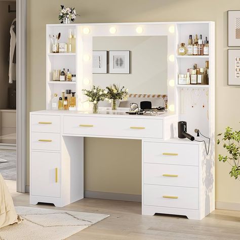 Amazon.com: Hasuit 48.8'' Large Vanity Desk with Lighted Mirror & Power Outlet, Black Makeup Vanity Table with 6 Drawers, 4 Shelves and 1 Storage Cabinet, Glass Tabletop Bedroom Dressing Table, 3 Lighting Modes : Home & Kitchen Desk Ideas For Bedrooms, Vanity Desk Ideas, Big Vanity, Vanity Ideas Bedroom, Black Makeup Vanity, Pretty Vanity, Bedroom Vanity Set, Desk Vanity, Dream Vanity