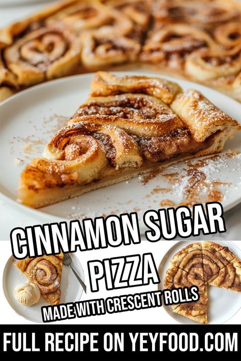 Easy Cinnamon Sugar Pizza Calling all busy bees with a sweet tooth! This recipe for Cinnamon Sugar Pizza with Crescent Rolls is the perfect solution. It's quick, uses pantry staples, and delivers a delightful flavor Cinnamon Roll Pizza Dessert, Cinnamon Deserts, Cinnamon Sugar Pizza, Dessert Pizza Recipe Easy, Cinnamon Sugar Crescent Rolls, Crescent Roll Recipes Dinner, Potluck Dessert, Cinnamon Sugar Recipes, Cinnamon Bread Easy