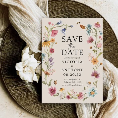 Boho Wildflowers Save The Date Cards Free editable template Wildflower Wedding Theme, Colorful Wedding Invitations, Watercolor Wildflowers, Floral Save The Dates, Elegant Wedding Invitation, May Weddings, Wildflower Wedding, Date Cards, Save The Date Invitations