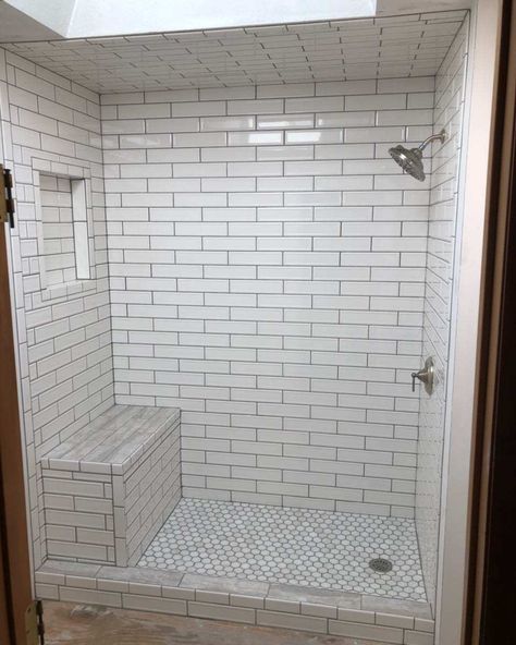 SUBWAY TILE SHOWER • Bathroom Remodeling |A+ Home Improvements Tile Shower With Bench, Shower With Bench, Master Shower Tile, White Subway Tile Shower, Tub To Shower Conversion, Subway Tile Showers, Shower Conversion, Subway Tiles Bathroom, Full Bathroom Remodel