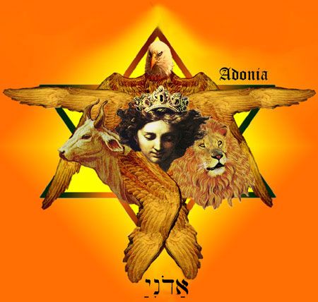 Symbol of the Star of David, Adonia: The lion symbolizes the fire; the ox or bull represents the earth; above is the air, symbolized by the eagle; and in the middle is the face of Adam, or the angel, which represents the man, the water. Magick Symbols, Bible Illustrations, Esoteric Art, Christian Artwork, Prophetic Art, Three Wise Men, Occult Art, Angels And Demons, Jesus Pictures