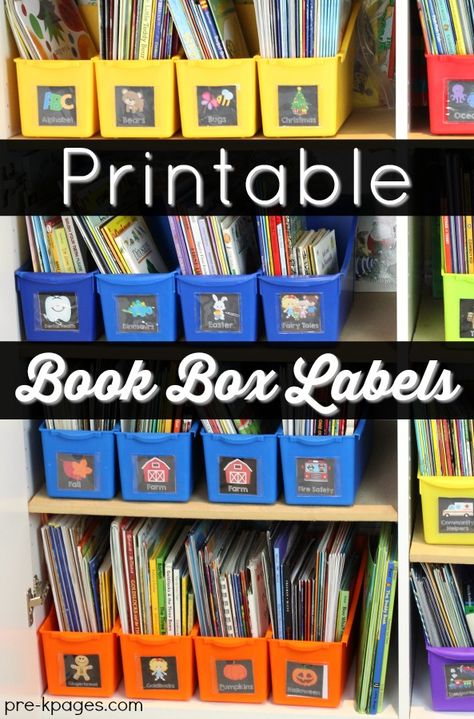 Printable Book Box Labels | Classroom Library Book Box Labels, Teacher Storage, Preschool Organization, Preschool Library, Kindergarten Organization, Book Bin Labels, Pre K Pages, Teaching Organization, Book Bins