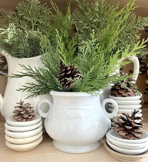 White Pitcher Christmas Decor, Country Kitchen Christmas Decor, Kitchen Christmas Tree Ideas, Cozy Vintage Christmas, Christmas Booth, Christmas Vignettes, Pottery Stoneware, Better Than Yesterday, White Pitcher