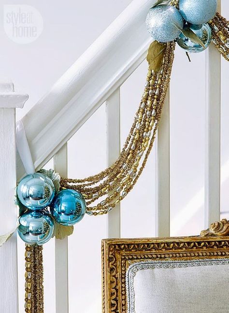 Christmas Banister, Christmas Stairs, Christmas Staircase, Blue Christmas Decor, Silver Christmas Decorations, Christmas Tablescape, Gold Christmas Decorations, Mantel Decor, Silver Christmas