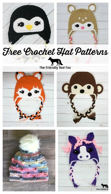 Free crochet hat patterns are suitable for a beginner. Make one for kids, adults, boys or girls! Perfect as a gift this holiday season or craft fairs! Free Crochet Hat Patterns, Crochet Hat Patterns, Crochet Character Hats, Crochet Animal Hats, Crochet Kids Hats, Hat Patterns Free, Crochet Hat Free, Bonnet Crochet, Pola Amigurumi