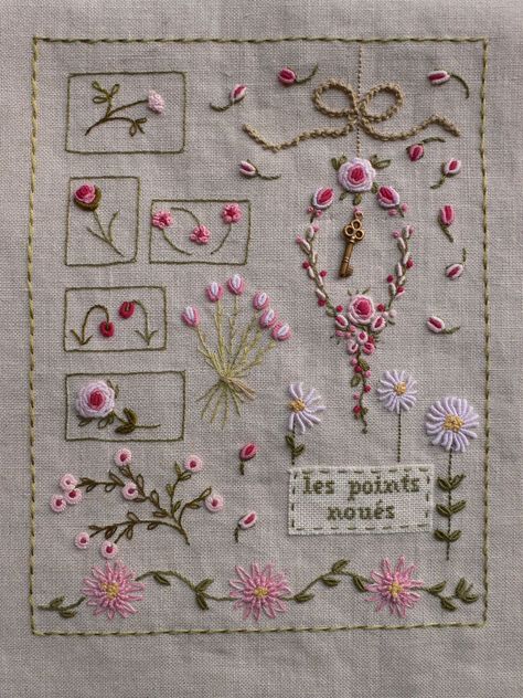 French Embroidery Patterns Vintage, Brazilian Embroidery Stitches, Embroidery Sampler, Hand Embroidery Patterns Flowers, Basic Embroidery Stitches, Embroidery Book, Hand Embroidery Projects, Pola Sulam, Embroidery Patterns Vintage