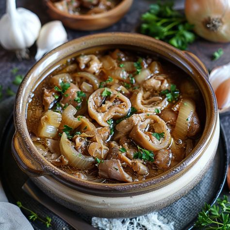 French-Style Tripe and Onion Stew Recipe (Serves 4) Ingredients For the Stew: 2 pounds (900g) beef tripe, cleaned and cut into strips 2 tablespoons olive oil 2 large onions, thinly sliced 4 cloves garlic, minced 1 cup white wine 4 cups beef broth 2 bay leaves 1 teaspoon dried thyme 1 teaspoon dried rosemary 1 teaspoon black pepper Salt to taste Fresh parsley, chopped (for garnish) Instructions Prepare the Tripe: Rinse the tripe under cold water and cut it into strips. Place the tripe in a ... Tripe Stew, Tripe Recipes, Beef Tripe, The Stew, Dried Rosemary, Dried Thyme, Pepper Salt, How To Dry Rosemary, Stew Recipe