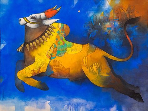 The Splendour of Nandi by Sachin Akalekar | Acrylic Painting Nandi Bull, Paintings Of Animals, Modern Indian Art, Bull Painting, Illustration Kunst, Pen Art Work, Handmade Paintings, Indian Art Gallery, Hinduism Art