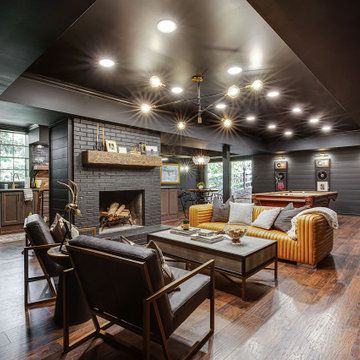 75 Basement with Black Walls Ideas You'll Love - June, 2024 Speakeasy Basement Remodel, Dark Basement Bar, Basement Bar Ideas Man Caves, All Black Basement, Speak Easy Basement Ideas, Basement Speakeasy Home, Dark Moody Basement, Moody Basement Bar, Retro Basement Ideas