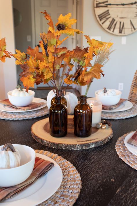 Setting your table for fall can be inexpensive and easy. Head over to the blog for tips and ideas on how to create a simple fall tablescape. Easy Fall Table Decorations, Table Centerpieces Simple, Fall Table Decorations, Fall Napkins, Fall Table Centerpieces, Cheap Fall, Diy Porch, Fall Table Settings, Fall Tablescapes