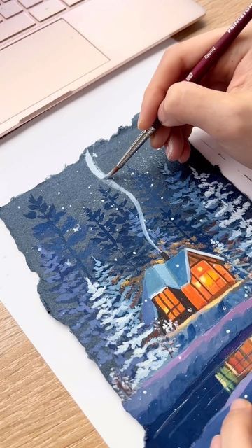 Christmas Gouache Illustration, Guache Winter Painting, Gouche Christmas Painting, Guache Christmas Painting, Gouache Winter Painting, Gouache Christmas Painting, Christmas Gouache Paintings, Fandom Paintings, Gouache Christmas Card