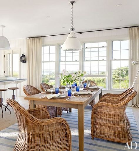 NANTUCKET DREAM HOME Nantucket Beach House, Nantucket Beach, Victoria Hagan, Nantucket Home, Coastal Dining, Light Hardwood, Wicker Chairs, Holiday House, Kitchen Lighting Fixtures