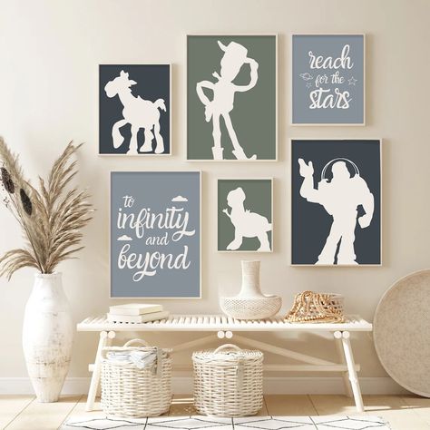 Subtle Toy Story Room, Toy Story Wall Decor, Neutral Toy Story Room, Pixar Nursery Ideas, Toy Story Themed Nursery, Toy Story Room Ideas For Boys, Toy Story Nursery Ideas, Foster Bedroom, Pixar Nursery