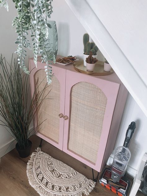 Upcycled an Ivar cabinet with paint, rattan and new handles and legs. Ikea Cabinet Hack, Pink Rattan, Rattan Buffet, Ivar Cabinet, Ivar Ikea, Cabinet Hack, Ikea Cabinet, Rattan Cane, Ikea Cabinets