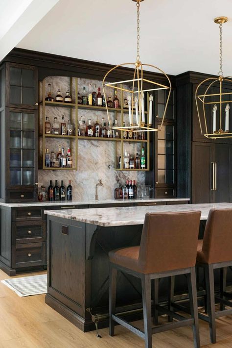 Step into this dreamy Indiana home with beautifully refreshed living spaces Wet Bar Shelves, Backsplash Black Cabinets, Marble Slab Backsplash, Wet Bar Cabinets, Slab Backsplash, Brass Shelving, Bria Hammel Interiors, Bria Hammel, House Mediterranean