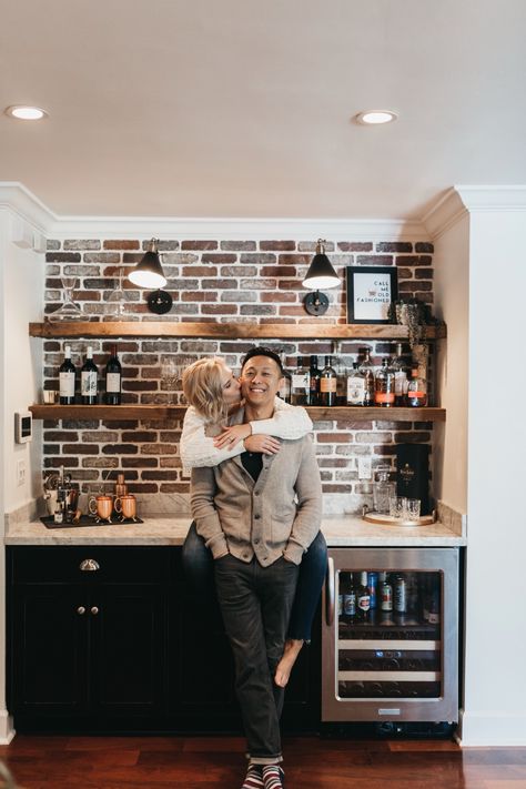 Red Brick Kitchen, Kitchen With Brick Wall, Kitchen Brick Wall, Brick Wall Kitchen, Brick Shelves, Accent Wall In Kitchen, Brick Accent Wall, Acnh Basement, Brick Interior Wall