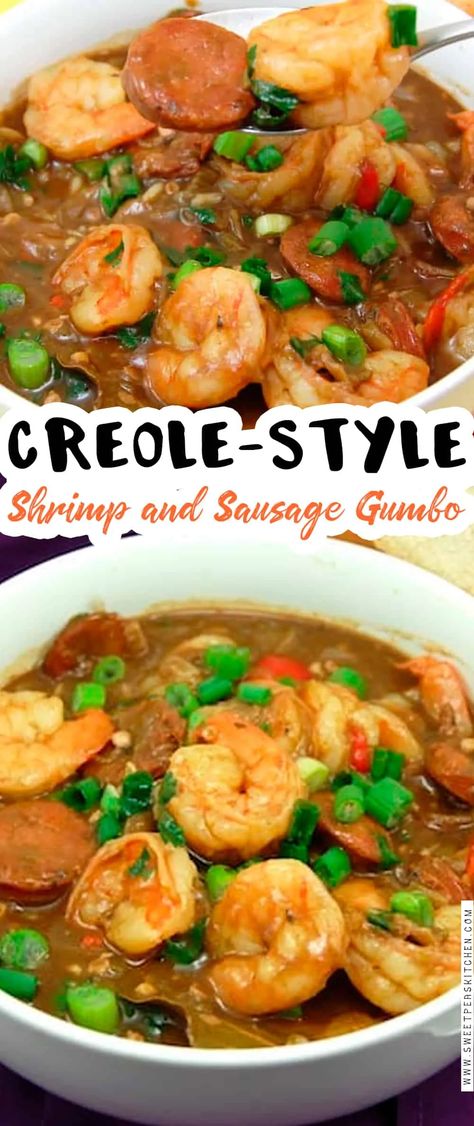 Creole Style Shrimp And Sausage Gumbo, Shrimp And Sausage Creole Recipe, Seafood Gumbo Recipe Easy, Creole Gumbo Recipe, Gumbo Roux, Sausage Creole, Shrimp Gumbo Recipe, Gumbo Ingredients, Roux Recipe