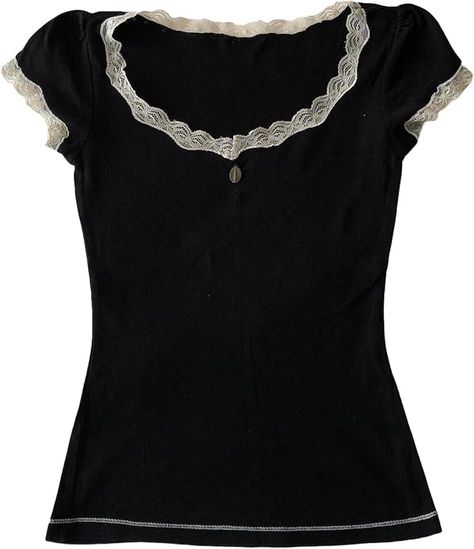 Women Y2K Long Sleeve Top Tee Sexy Patchwork Square Collar Black Basic Slim Fit Blouse Tops Streewear at Amazon Women’s Clothing store Y2k Long Sleeve Top, Grunge Crop Top, Lace Tee Shirt, Grunge Tee, Shirt Coquette, Alt Clothes, Tøp Aesthetic, Grunge Shirt, Y2k Long Sleeve