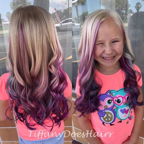 Little girl summer hair! Pink purple and blue!  1 Likes, 1 Comments - Tiffany Allen (@tiffanydoeshairr) on Instagram: “Birthday hair for Cali!!” Blonde And Purple Hair, Blonde And Purple, Hair Dye For Kids, Kids Hair Color, Girl Hair Colors, Birthday Hair, Temporary Hair Color, Kids Hair Cuts, Hair Color Purple