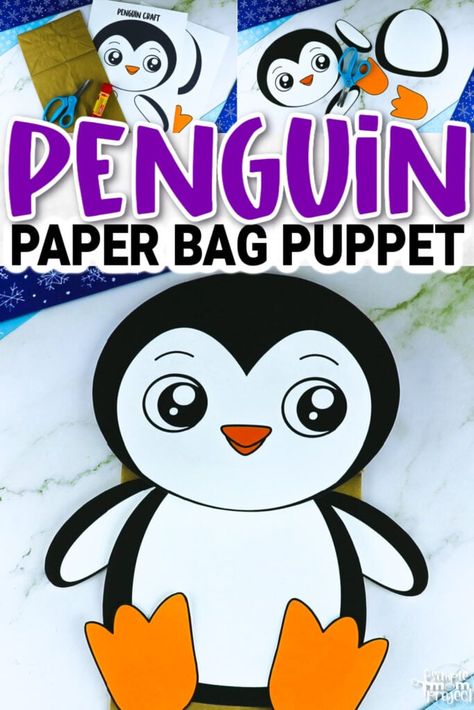 Printable Penguin Paper Bag Puppet Template Penguin Puppet, Penguin Template, Simple Mom Project, Mittens Template, Puppet Template, Printable Craft Templates, Bag Puppet, Gross Motor Activity, Printable Snowman