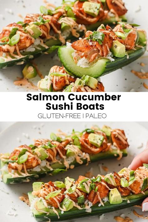 Salmon Cucumber Sushi Boats - Unbound Wellness Fun Summer Dinner Ideas, Cucumber Sushi Boats, Desi Dinner, Heathy Recipe, Sushi Boats, Sushi Ideas, Salmon Cucumber, Cucumber Sushi, Unbound Wellness