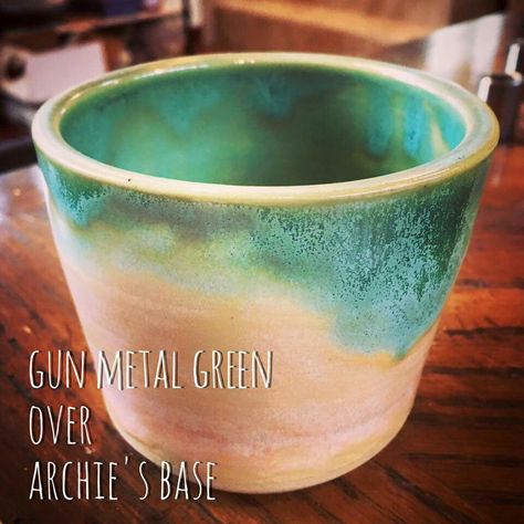 Gun metal green over archies base Coyote Archies Base Glaze, Archie’s Base Glaze, Archie’s Base Glaze Combinations, Coyote Glaze Combinations Archies Base, Clear Glaze Recipe, Pottery Patterns, Amaco Glazes, Ceramic Texture, Ceramic Glaze Recipes