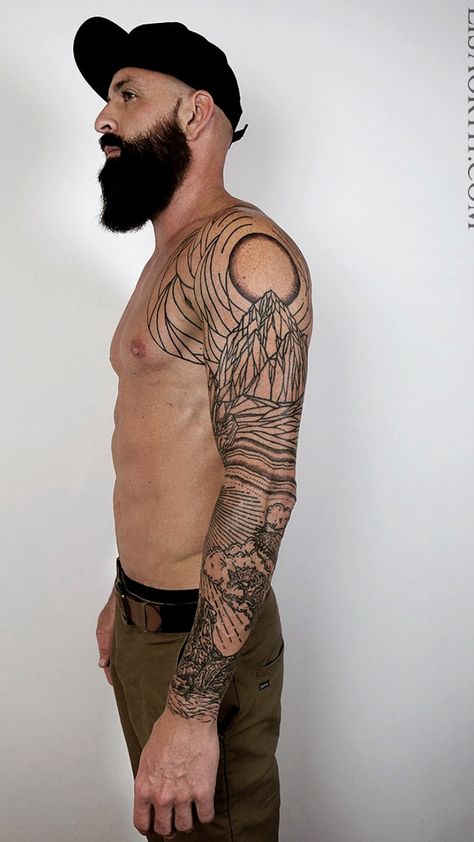 Lisa Orth Tattoo, Mountain Tattoo Men Sleeve, Desert Leg Tattoo, Simple Nature Sleeve Tattoo, Desert Tree Tattoo, California Sleeve Tattoo Ideas, Mens Desert Tattoo, Desert Half Sleeve Tattoo, Earth Tattoo Sleeve