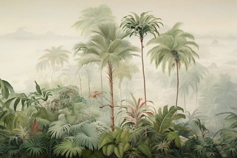 Tropical Landscape Wallpaper, Jungle Landscape, Wallpaper Jungle, Spring Flowers Wallpaper, Landscape Mural, Green Leaf Wallpaper, Island Wallpaper, Palm Trees Wallpaper, 3d Wallpaper Mural