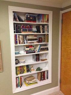 Built-in Bookshelf; built right in between the studs Secret Bookshelf Door, Secret Bookshelf, Between The Studs, Built In Wall Shelves, Bookshelf Door, Recessed Shelves, Secret Door, Wall Bookshelves, Closet Shelves