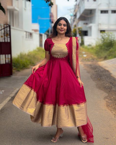 ANJALI- RED, PINK🌸 .Silk Anarkalis from @labelkamra ||DIWALI EDITION||LK294 Long Frock Back Neck Models, Latest Trendy Dresses Indian, Traditional Frocks For Women, Silk Saree Dress Gowns, Silk Suits Designs Latest, Dress With Saree, Gown From Saree, Trendy Anarkali Designs, Saree Gown Party Wear