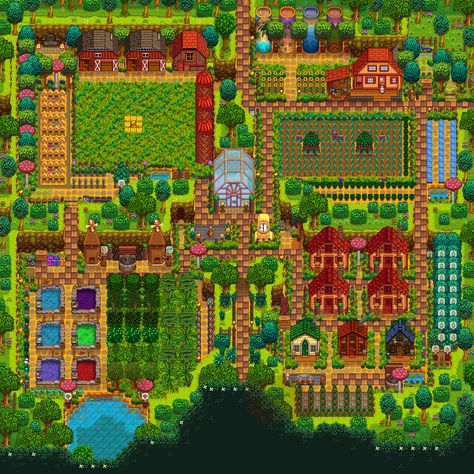 I love and enjoy decorating four corners it has so much potential in every side of it, this took me a few trial and errors to almost perfect. Four Corners Farm Layout, Stardew Valley Four Corners, Four Corners Farm, House Layout Design, Stardew Farms, Stardew Valley Layout, Stardew Valley Tips, Stardew Valley Farms, Valley Game