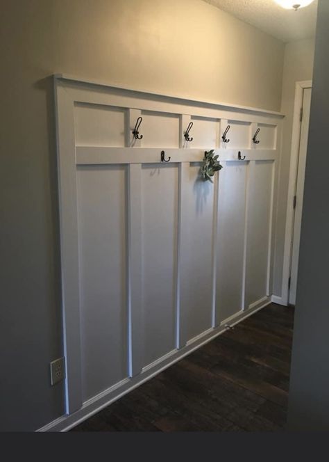 Behind Front Door, Coat Rack Ideas, Entry Closet Organization, Accent Wall Entryway, Hallway Makeover, Entry Closet, Banquet Seating, Board And Batten Wall, Entry Wall