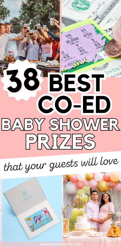 38 best co-ed baby shower prizes with image of friends toasting, lottery ticket, gift card, and couple standing by a cake at baby shower Coed Baby Shower Prizes, Baby Shower Game Gift Ideas, Baby Shower Game Gift, Shower Prizes For Games, Baby Shower Prizes For Games, Prizes For Games, Co-ed Baby Shower Games, Baby Shower Game Gifts, Baby Shower Game Prizes