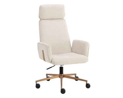 A classic silhouette and subtle curves make the Kalev Office Chair perfect for any workspace. Upholstered in chcha cream fabric with plush comfortable seating. Contrasting gold accents behind the arms and headrest match the sleek stainless steel base for added style. Cream Office Chair, Best Office Chair, Modern Office Chair, Swivel Office Chair, Cream Fabric, Office Environment, Task Chair, Comfortable Chair, Modern Office