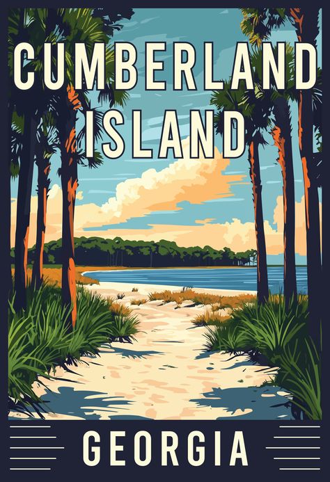 Explore the natural serenity of Cumberland Island, Georgia, with this vintage travel art. Known for its pristine beaches, wild horses, and lush maritime forests, this hidden gem offers a peaceful escape into nature. Let this artwork inspire your next adventure to the secluded beauty of Cumberland Island. 🌿🇺🇸 #CumberlandIsland #GeorgiaTravel #VintageTravelArt #NatureEscape Georgia Aesthetic, Cumberland Island, Retro Travel Poster, Iron Wall Decor, Art Plaque, Vintage Theme, Travel Design, Poster Retro, Iron Art