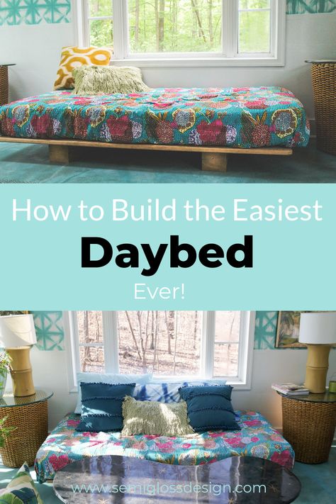 Learn how to build the easiest daybed ever. This easy DIY daybed can be built with just a few tools. It's perfect for outdoors or for a bedroom! The style is simple and modern, so it looks great with a variety of decor styles! #semiglossdesign #daybed #diydaybed #building #furniturebuilding #woodworking #easybuilding Build A Daybed, Sunroom Update, Jade Bedroom, Platform Daybed, Canopy Bed Diy, Diy Daybed, Daybed Design, Modern Daybed, Sunroom Decorating