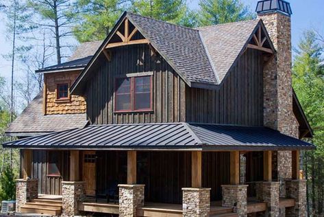 Cumberland Trace Timber Home Plan by MossCreek Designs Cottage House Exterior, Rustic Mountain Homes, Log Home Plans, Small Cottage Homes, Rustic House Plans, Mountain Cottage, Cabin Exterior, Stone Pillars, Mountain House Plans