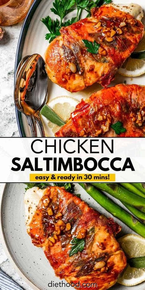 Chicken Saltimbocca is an Italian classic that's super quick and easy to make! This recipe features juicy pan-fried chicken topped with savory prosciutto, all smothered in a garlicky, buttery wine sauce. It's perfect for a cozy dinner at home! #chicken #saltimbocca #italiancooking Italian Chicken Dinner Recipes, Chicken Wine Sauce, Chicken Wine Sauce Recipes, Chicken Saltimbocca Recipe Giada, Saltimbocca Chicken, Chicken Saltimbocca Recipe Prosciutto, Chicken Saltimbocca Recipe, Diethood Recipes, Saltimbocca Recipe