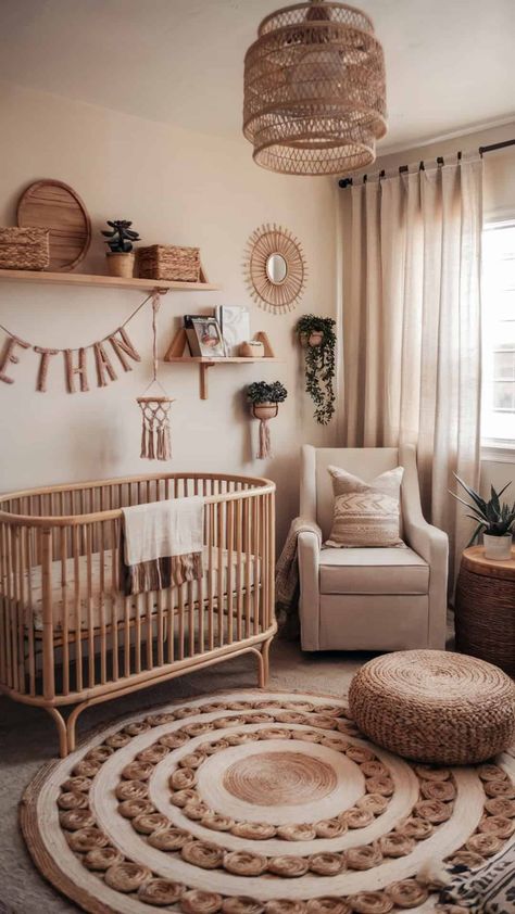 Boho-inspired baby boy nursery with natural textures, macrame decor, and soft neutral tones. Mini Nursery Ideas, Boho Twin Nursery, Baby Boy Nursery Room Ideas Teddy Bear, Oval Crib Nursery, Nursery Nook In Bedroom, Bedroom And Nursery Combo, Nursery Ideas Neutral Boho, Cream Baby Nursery, Baby Boys Room Ideas