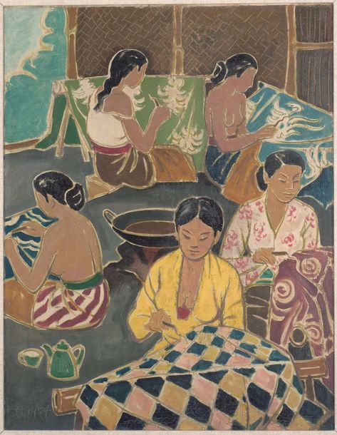 LIU KANG | Singaporean | 1911 - 2004. BATIK WORKERS 1954 National Gallery Singapore, Southeast Asian Art, Indonesian Culture, Ap Drawing, Nostalgic Aesthetic, Liu Kang, Southeast Asian Arts, Asian Art Museum, Indonesian Art