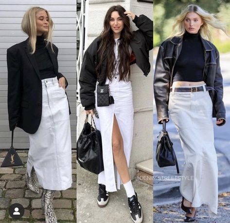 White Denim Skirt Outfit Winter, White Denim Maxi Skirt Outfit, White Denim Midi Skirt Outfit, White Leather Skirt Outfit, White Denim Maxi Skirt, White Denim Skirt Outfit, Mid Skirt Outfits, Denim Skirt Outfit Winter, How To Style A Denim Skirt