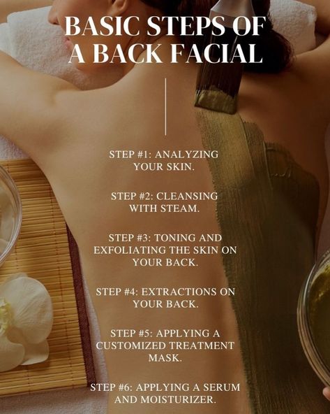 Back Facial Quotes, Benefits Of A Back Facial, Back Facial Benefits, Basic Facial Steps, Facial Spa Aesthetic, Nose Waxing, Esthetics Facial, Facial Business, Facial Techniques