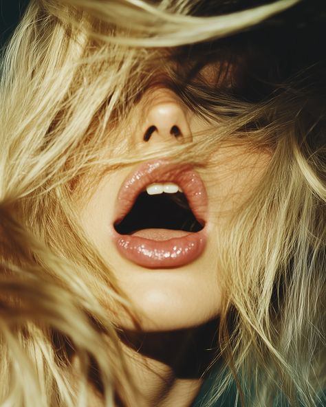 Close-up of a blonde woman's face, mouth open and eyes closed, with messy hair covering her eyes. This photo was taken by David LaChapelle for Vogue magazine in the style of social media portraiture, featuring flash photography, soft lighting, grainy film, high contrast, and natural skin tones. - Vave BG Soft Portrait Photography, Open Flash Photography, Flash Photography Portrait, Flash Portrait Photography, Grainy Photography, Close Up Portrait Photography, Flash Photos, Hair Covering, Close Up Portrait