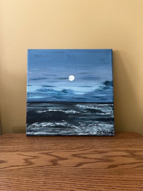 Small Ocean Paintings, Ocean Aesthetic Painting, Beach At Night Painting, Painting Ideas On Canvas Ocean, Beach Paintings On Canvas Easy, Night Beach Painting, Night Ocean Painting, Easy Ocean Painting, Ocean Painting Easy