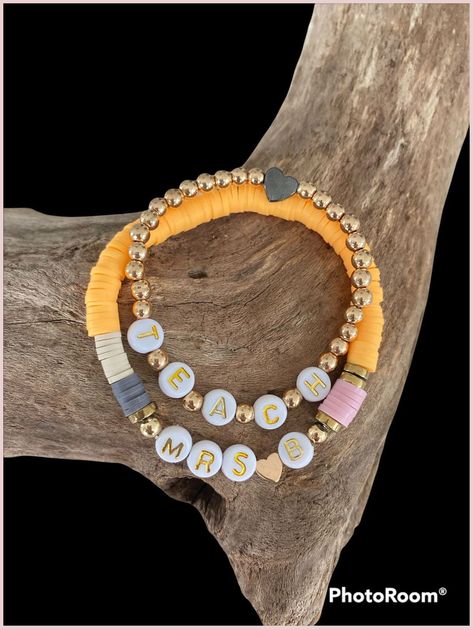 Teacher Disc Bracelet, Teacher Gifts Bracelets, Heishi Bracelet Ideas Teacher, Teach Beaded Bracelets, Beaded Teacher Bracelets, Teacher Bracelet Stack, Teacher Bead Bracelet, Teacher Clay Bead Bracelet Ideas, Teacher Clay Bracelet