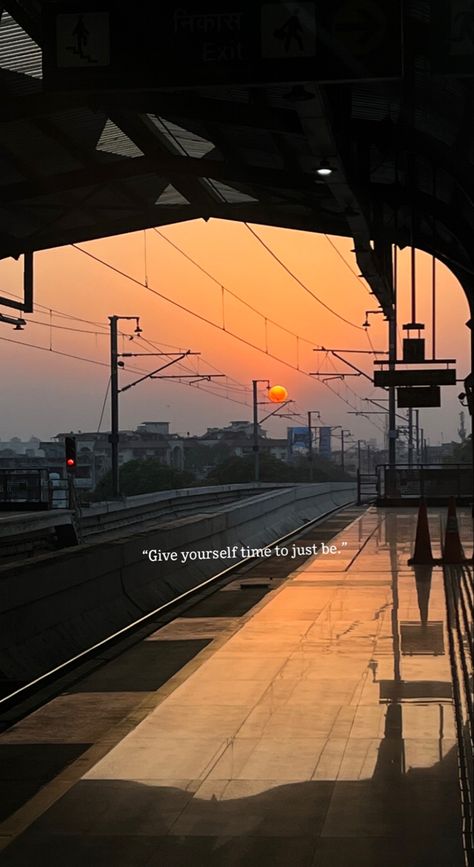 Sunset Metro Captions Instagram, Train Aesthetic Quotes, Metro Pics Aesthetic, Train Captions For Instagram, Metro Poses, Sunset Snapchat Story, Metro Snap, Station Snap, Delhi Aesthetics