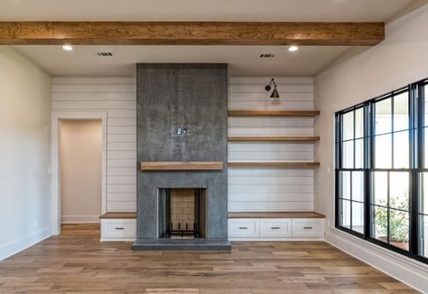 LittleThings.com : Chip and Joanna Gaines Just Built A New Home, And It's Charming As All Heck -- The far side of the kitchen features a wood-burning fireplace. There is also a good deal of built-in storage throughout the home, such as the shelves seen here. Architectural Shingles Roof, French Oak Flooring, Living Tv, Home Insulation, Architectural Shingles, Fireplace Built Ins, Apartment Decoration, Gorgeous Houses, Chip And Joanna Gaines