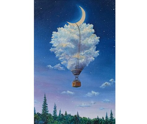 100% original hot air balloon painting "Journey" by Kristina Nikolaenko. Original surrealism painting - painted on stretched canvas. This painting is ready to hang on the wall. The sides are painted. #balloon painting #canvas oil painting #clouds wall art #hot air balloon art #journey painting #moon painting #original art #original artwork #starry night art #surrealism art Ballon Painting, Hot Air Balloon Painting, Air Balloon Painting, Painting Surrealism, Draw Yourself, Journey Art, Art Clouds, Starry Night Art, Balloon Painting